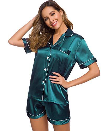 Image of SWOMOG Womens Silk Satin Pajamas Set Short Sleeve Sleepwear Button Down Top and Shorts Loungewear 2 Piece Pjs Set XS-3XL