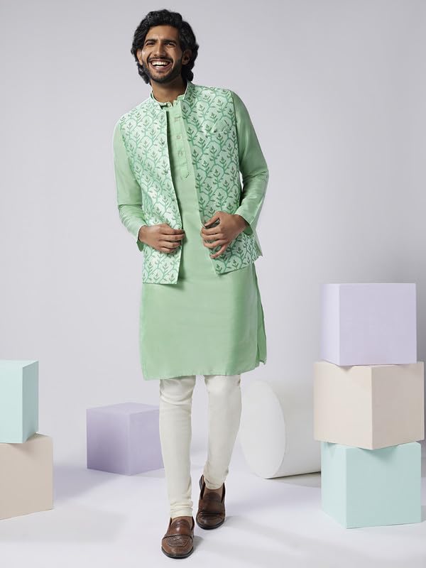 Image of KISAH Men's Kurta Jacket Churidar Set, Sea Green Art Silk, Embroidered Long Sleeves Regular Fit Mandarin Collar