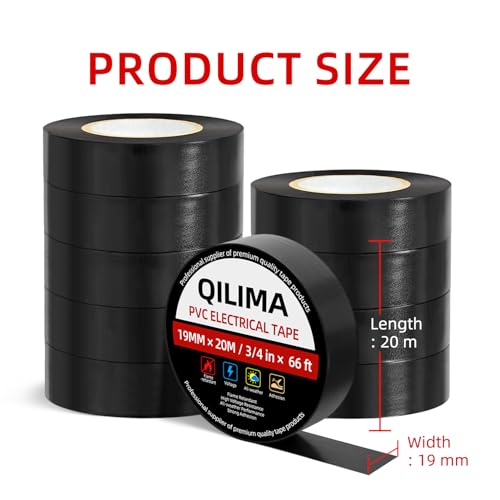 Image of QILIMA Black Electrical Tape, 3 /4 in x 66ft, Industrial Grade Electrical Tape Electric Super Vinyl,10-Pack
