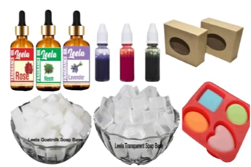 Leela Soap Making Kit Melt & Pour Soap Making Diy Kit With The Contents Of This Kit -1Kg Transpharant Soap Base ,1kg Goat Milk Soap Base & colour Blue /Red / Green / 15ML Each ,Fragrance Rose /Neem / Lavender 15ml Each & 1 Mould ,Box 10-image-11