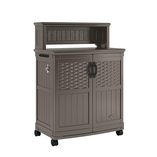 Suncast Patio Storage and Prep Station with 47-Gal. Cabinet, Adjustable Shelf, and Utensil Hooks, Outdoor Rolling Storage Cabinet and Grill Prep Table, Made in The USA