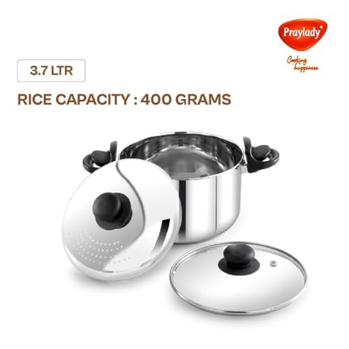 Image of Praylady 3.0L Stainless Steel Strainer Pot with Glass Lid (20 CM) - Induction Base Multi-Purpose Cooking Pot for Rice, Vegetables, Noodles & Pasta Pot - Anti-Locking, Dishwasher Safe.