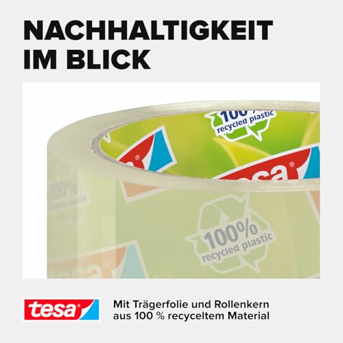 tesapack Eco & Strong - Umweltschonendes Paketband aus 100% recyceltem Kunststoff, UV- und alterungsbeständig - Transparent - 66 m x 50 mm