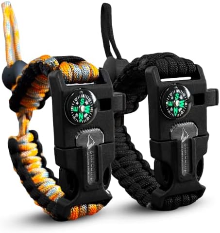 Starcamp Paracord Survival Bracelet Loud Whistle Emergency Compass Survival Fire Starter Scraper Accessories for Hiking and Camping 2-Pack (Black+Orange)
