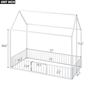 Twin floor bed with door and fence metal montessori bed twin size kids montessori floor bed with roofhouse floor bed for kids girls boys twin floor bed white  urban country home decor
