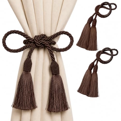 Image of 2 Pack Curtain Tiebacks Handmade Decorative Curtain Holdbacks Rope with Tassel - Brown