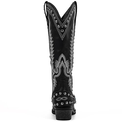 Yolkomo Cowboy Boots for Women Knee High Western Cowgirl Boots with Embroidery Belt Buckle Chains4
