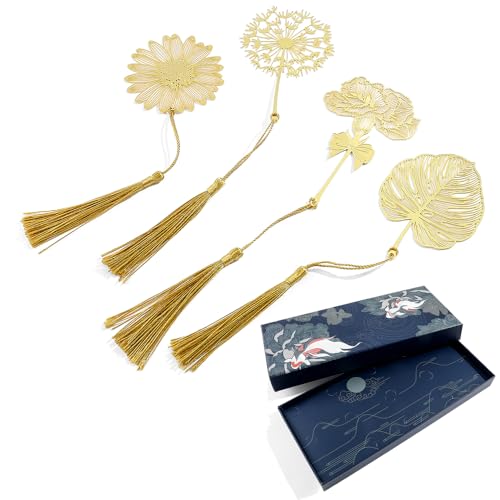 タッセル付きメタルブックマーク6個パック、花、メープルリーフ、イチョウ、ローズゴールド中空ブックマーク、読書愛好家、作家、読者、子供、ティーン、男性、女性、学生、教師向け (6個)(4pcs-gold)