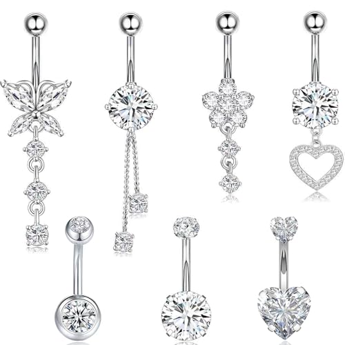 EOAMGO Surgical Stainless Steel Belly Button Rings Long Short 16g Set of 6 Stainless Steel