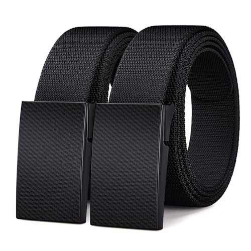MACBORO 2-Pack TSA Approved Hypoallergenic Nickel Free Non Metal Airport Friendly Belt for Men Plastic Buckle 1.38 Black Stretch Elastic Nylon Ratchet Tactical Belt Trim to Fit