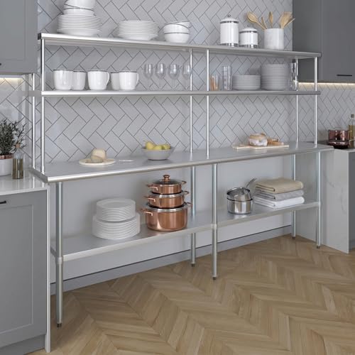 Image of AmGood Stainless Steel Work Table with 12 inch Wide Double Tier Overshelf | Metal Kitchen Prep Table & Shelving Combo | NSF (Stainless Steel Table with Double Overshelves, 96 inch Long x 18 inch Deep)