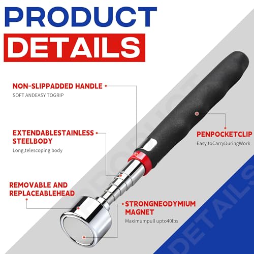 Image of 2PCS Telescoping Magnetic Pickup Tool | Heavy Duty with 40lb Pull Force | 30in Strong Telescopic Magnet Stick | Non-Slip Extendable Magnetic Pick Up Tools | Gifts for Men Women | Birthday Father's Day