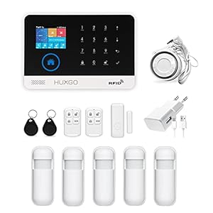 HUXGO HXA003 Funk Alarmanlage WiFi + GSM Modul mit 5 Bewegungssensoren – Bewegungsmelder mit Alarm – Alarmanlage Haus – Alarmanlage Wohnung – Alarmanlage Garage – Funk Bewegungsmelder mit Empfänger