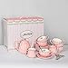 Amazingware Porcelain Tea Set - Tea Cup and Saucer Set Service for 6, with 28 oz Teapot Sugar Bowl Cream Pitcher Teaspoons and Tea Strainer - for Thanksgiving - Pumpkin Fluted Shape, Pink