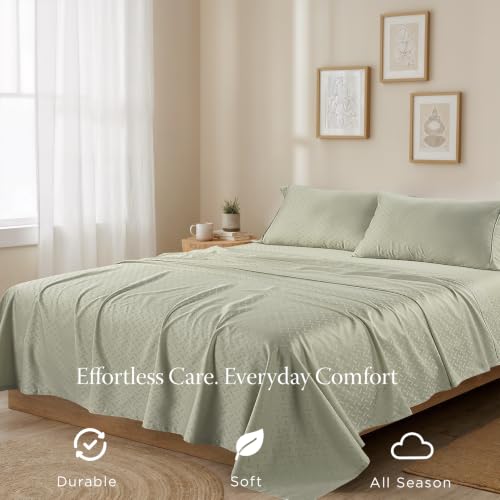 Image of Threadmill 300TC Cotton Queen Sheet Set, Sateen, Jacquard, Sage Green | 100% Cotton, Sateen Weave, Jacquard Pattern, 4-Piece Set, 16 inch Deep Pocket, All-Around Elastic, Cooling, OEKO-TEX Certified