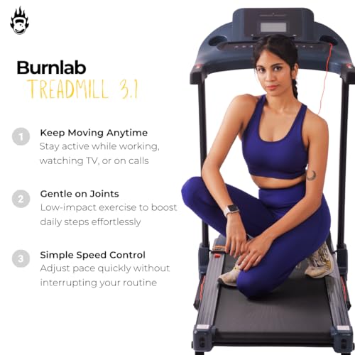 Image of Burnlab Treadmill 3.1| 2.5HP Motorized Treadmill for Home Use | 5 inch LCD Display, 0.8-12 km /h Speed with Auto Incline | Heart Rate Sensor & Hydraulic Folding | Max Weight 120Kg | USB & AUX