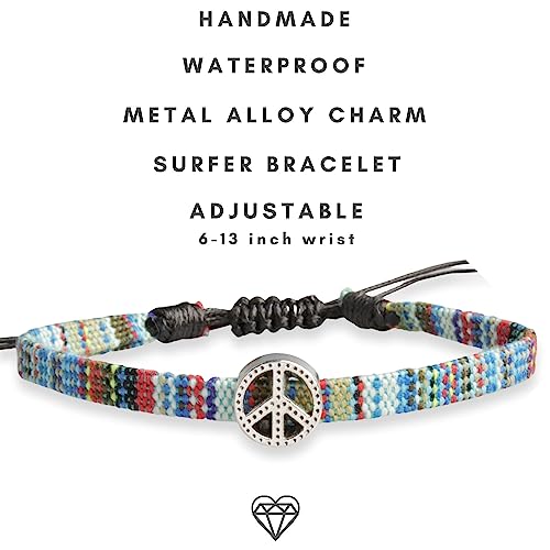 Boho Colorful Woven Cloth Surfer Bracelets with Peace Sign Charm - Adjustable Sizing, Converts into Anklet or Bracelet, Stackable - Dainty Beaded Bracelets and Anklets for Women Waterproof - Trendy Summer Jewelry3