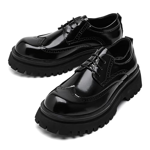 Men's Chunky Patent Leather Wingtip Brogue Dress Shoes Fashion Height Increasing Platform Casual Oxfords (Black, Adult, Men, 9.5, Numeric, US Footwear Size System, Medium)