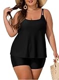 Aleumdr Women's Plus Size 2 Piece Swimsuits Tummy Control Tankini Bathing Suit Flowy Swim Tank Top with Boyshorts Pure Black 3X
