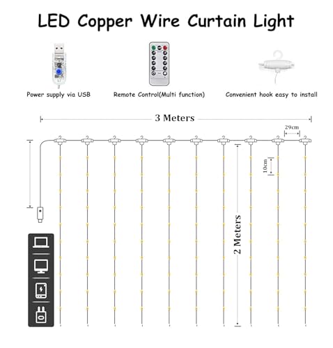 Image of fizzytech Plastic Fairy Curtain String Lights for Wall Decoration, Multicolour USB Powered 300 LED's, 8 Flashing Modes, Window Backdrop Lights for Bedroom, Party, Diwali, Christmas - 3x3 Meter