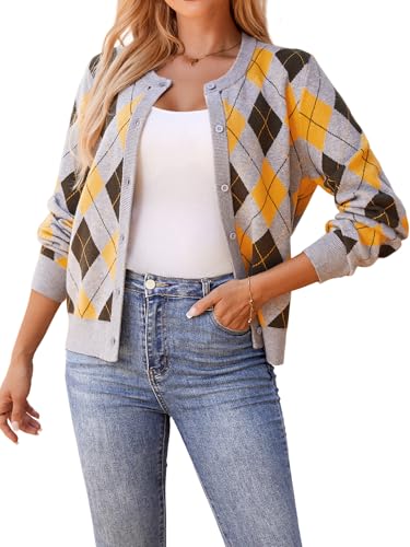 Bellcoco Womens Cardigan Sweaters Lightweight Crew Neck Button Down Long Sleeve Outfits Fall Fashion 2025 Clothing Trendy Grey Argyle, L