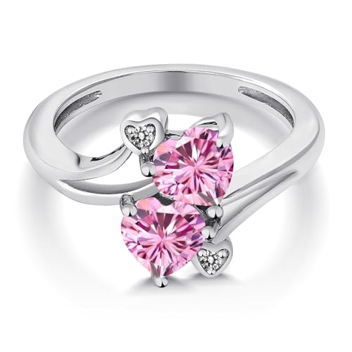 Gem Stone King 925 Sterling Silver Double Heart Promise Ring for Women | 6MM Gemstone Birthstone with 1.5MM White Diamond Accents | 2-Stone Fine Jewelry for Engagement Wedding Anniversary | Size 5-93