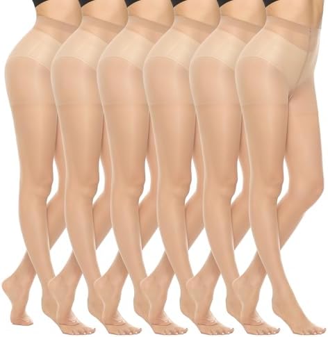 MANZI 6 Pairs 20D Women's Sheer Tights Ultra Thin High Waist Pantyhose Thigh High Stockings, Nude, Large
