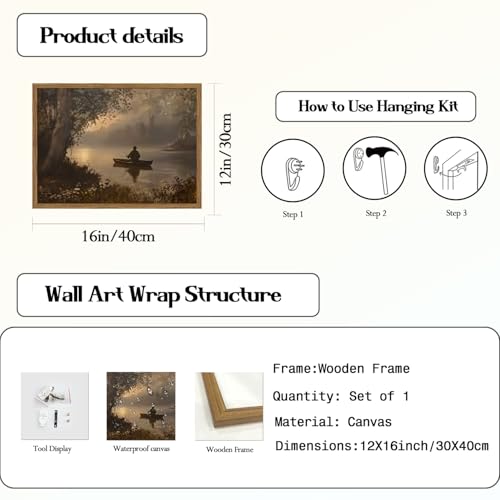 Image of Vintage Fishing Wall Art Dark Cottagecore Hunting Wall Decor Moody Fishing in the Lake Forest Landscape Canvas Painting Prints for Farmhouse Living Room Bedroom 16x12 inch Wood Framed
