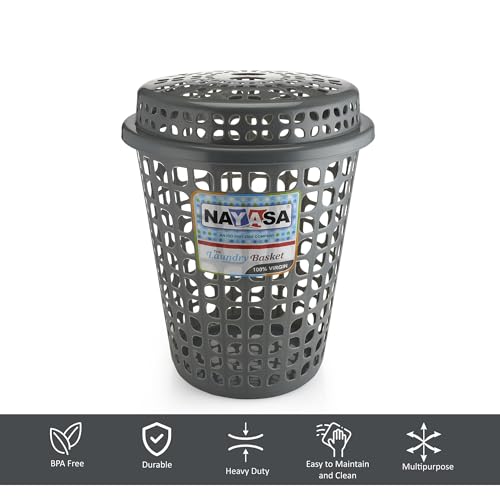 Image of Nayasa Plastic Laundry Basket with Lid - 44 Ltrs | Ventilated Clothes Hamper with Easy-Grip Handles | Clothes & Toy Storage Organizer |(Round Petal) Grey
