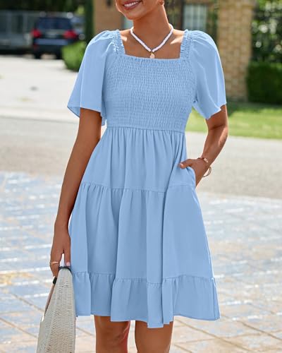 BTFBM Women's Summer Smocked Mini Dress Square Neck Flutter Sleeve Casual Ruffle Flared Swing Boho Beach Dresses Pockets4