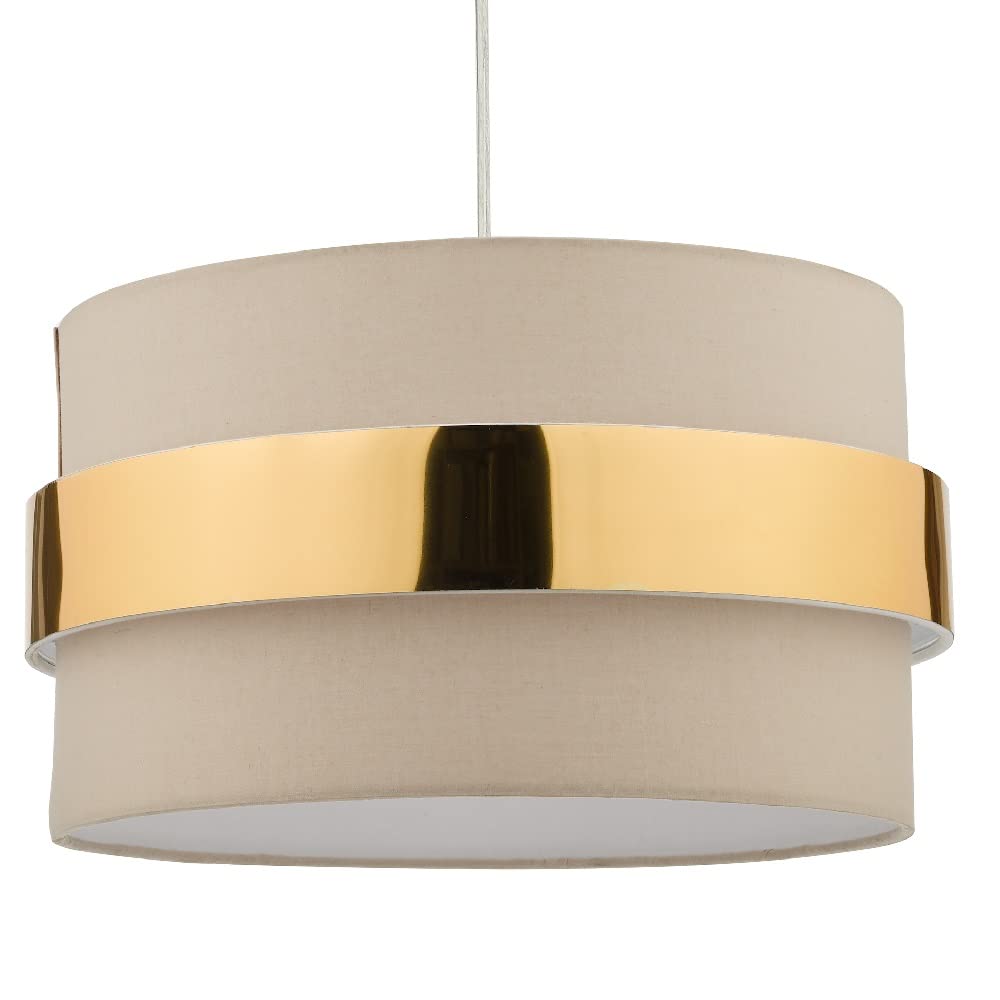 Taupe Cotton & Gold Metallic Band Vintage Easy Fit Drum Pendant Shade | 38cm Diameter (15") | None Electric Ceiling Lampshade | Fits All Lampholder Types E14 E27 B15 B22