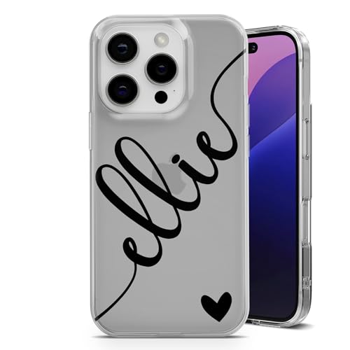 TULLUN Custodia personalizzata per iPhone 15, in morbido gel trasparente, cover personalizzata con cuore e iniziali diagonali a colori, testo con nome e iniziali - nero