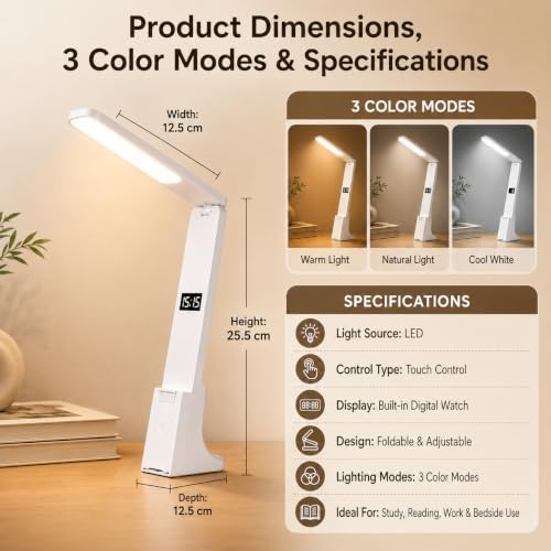 Image of One94Store SmartLite Foldable Desk Lamp - Built-in Digital Clock, Rechargeable LED Table Lamp with 1200mAh Battery,Touch Control Brightness, Lamp