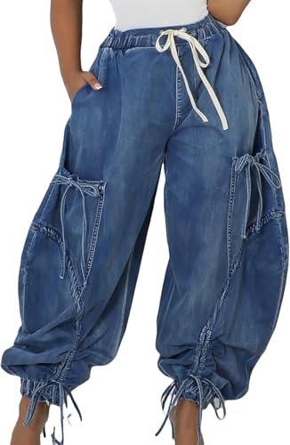 Cargo Jeans for Women High Waisted Drawstring Baggy Jogger Pants Loose Fit Denim Pant Sweatpants
