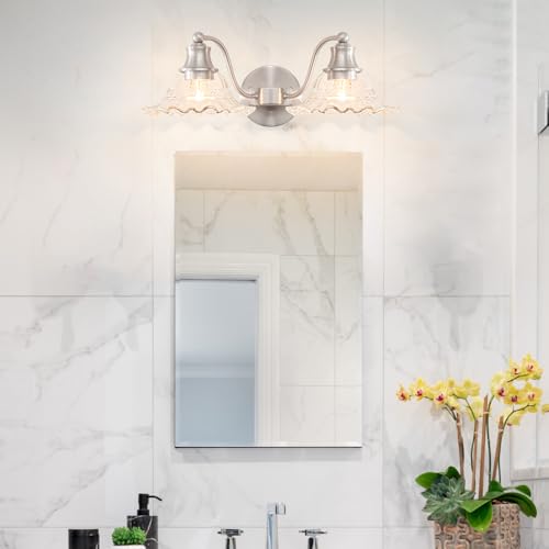 Image of Brushed Nickel Bathroom Vanity Light Fixture Vintage, E26 Easy Mounted | Vanity Light with Flower Glass Shades, 18 inch Wide Bathroom Lighting Over Mirror, Easy Mounted for Bathroom, Bedroom, Hallway