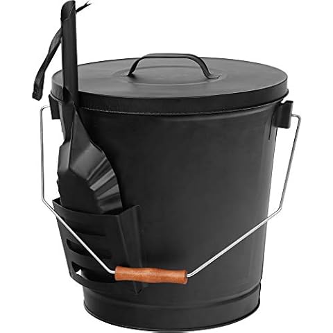 F2C 5.15 Gallon Large Ash Bucket with Lid and Shovel Fireplace Tool Set,Galvanized Metal Coal and Hot Ash Pail for Fireplace, Fire Pits, Wood Burning Stoves, Grill, Outdoor,Home Black Cover