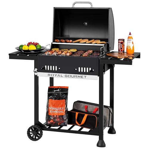 Royal Gourmet 24-Inch Movable Charcoal BBQ Grill with Foldable Side Shelves, Temperature-Controlled