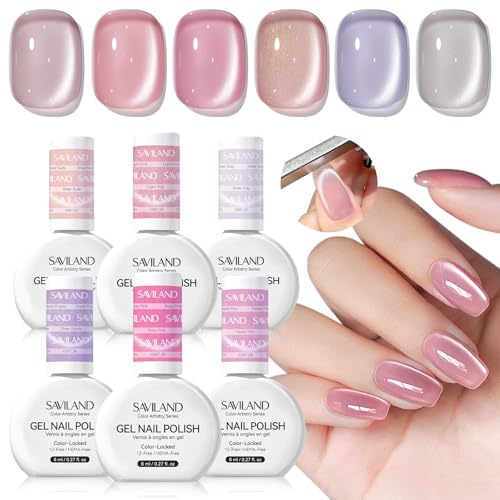 Image of SAVILAND Color Artistry Cat Eye Gel Nail Polish: 6 Colors Cateye Gel Polish Set Long-Lasting Magnetic Nail Polish Sheer Nudes Pink with Magnet Stick Nail Art Home Glass Bead Effect