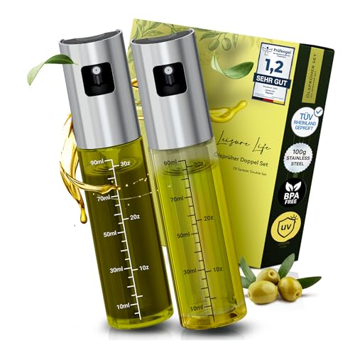 Leisure Life® | NEUEINFÜHRUNG | 2er Set Ölsprüher |〖Verstärkter〗Edelstahlmantel | UV-Schutzglas | BPA-frei | 100 ml Ölzerstäuber für Olivenöl & gesundes Kochen (Jade Green & Clear Transparent – UV)