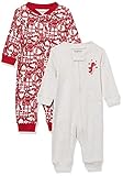 Amazon Essentials Baby Mädchen Eng anliegender Schlafanzug aus Baumwolle ohne Fuß, Rot, Weihnachtsmann, 3 Monate