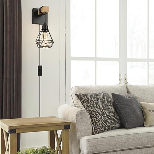 MRBVAOXVD Lámparas de Pared, Led Luces de Pared Interior Y Cable de la Pared Sconce Metal Jaula Sombra Industrial Rústica Lámpara de Pared Hierro Negro Madera Dormitorio Pasillo Sala de Estar/1 Paquet
