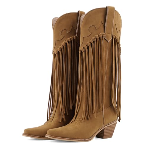 Mid Calf Fringe Cowgirl Boots For Women Embroidered Pointed Toe Chunky Block Heel Cowboy Western Tassel Boot