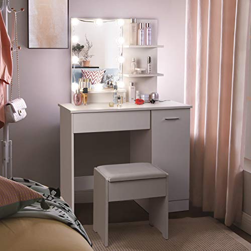 amzdeal Makeup Vanity Table Set with Lights, Vanity Desk with 3 Color Lighting Modes, Adjustable Brightness, 1 Large Drawer & 1 Storage Cabinet, Dressing Table for Girls Women, White - Thumbnail 5