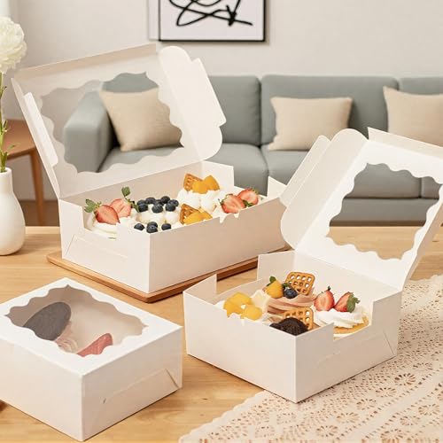 30pcs Cookie Boxes with Window, 6x6x3 Inches White Bakery Boxes, 36 Pcs Stickers,for Small Cookies, Treats, Candy, Desserts, Chocolate Covered Strawberries,Mini Cake Boxes