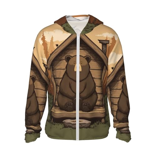 UPF 50+ Sun Protection Hoodie Rash Guard Long Sleeve Sun Shirt Rustic Lodge Bear UV Shirt Full Zip Jacket