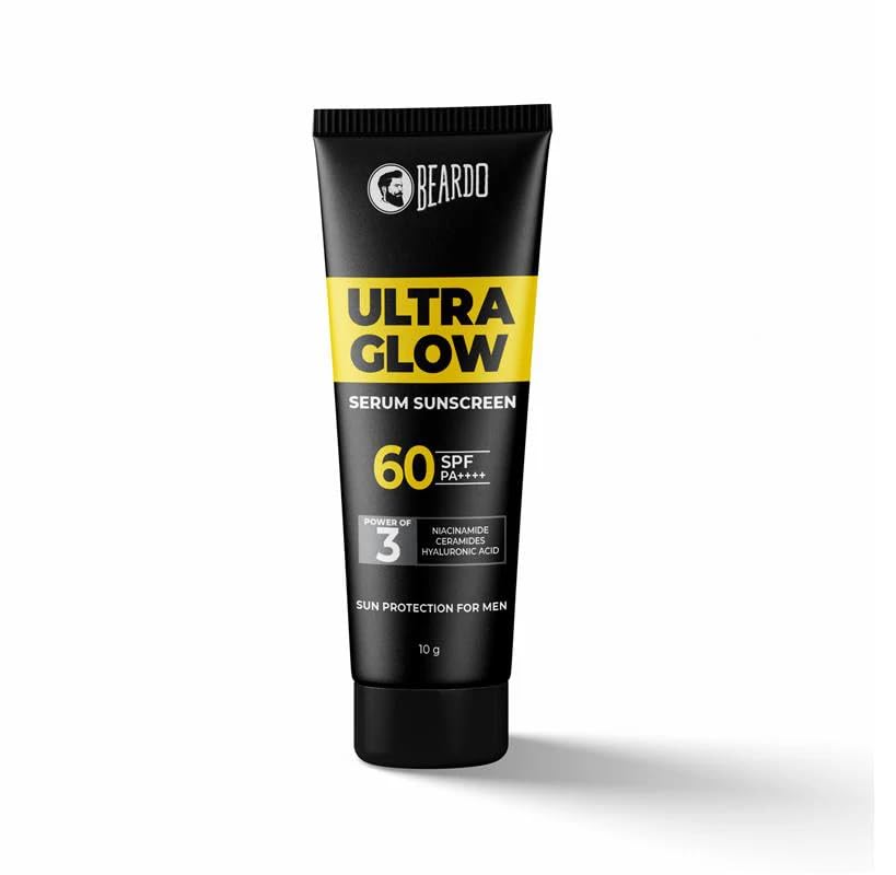 Image of Beardo Ultra Glow Serum Sunscreen SPF 60+ PA++++| UVA /UVB Protection | No White Cast | Ultra Lightweight 3 in 1 with Niacinamide, Ceramides & Hyaluronic Acid | Non-Greasy | Designed for Men | 10g