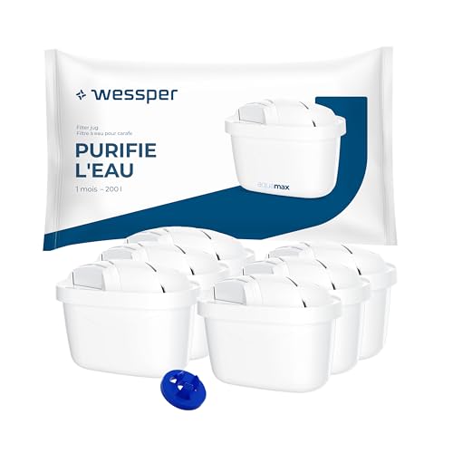 Wessper cartouche filtre eau, filtre à charbon actif et résine échangeuse d'ions, PIN supplémentaire compatible avec la carafe Brita, rechange pour les carafes Dafi, Wessper, Philips -6 pièces