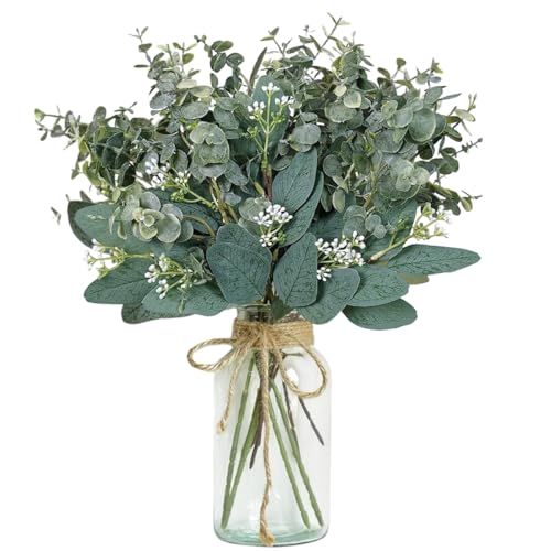Avoik Artificial Plants Eucalyptus Branch in Glass Vase, Fake Plant Greenery Stems with Eucalyptus Leaves Mix 10pcs Faux Plant Stems for Home Office Farmhouse Wedding Table Centerpiece Décor
