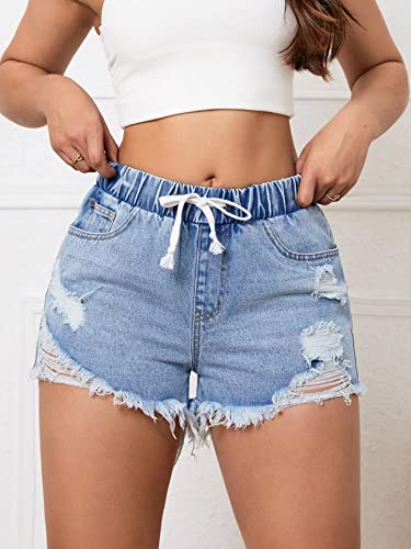 Sweatyrocks Women's Drawstring Elastic Waist Straight Leg Ripped Raw Hem Denim Jean Shorts Light Wash 26 #TOP6