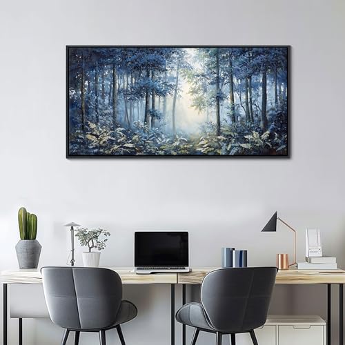 Image of Forest Canvas Wall Art for Living Room - Navy Blue Bedroom Wall Art, Landscape Pictures Wall Decor, Forest Painting, Framed Nature Tree Artwork Walls 20x40IN